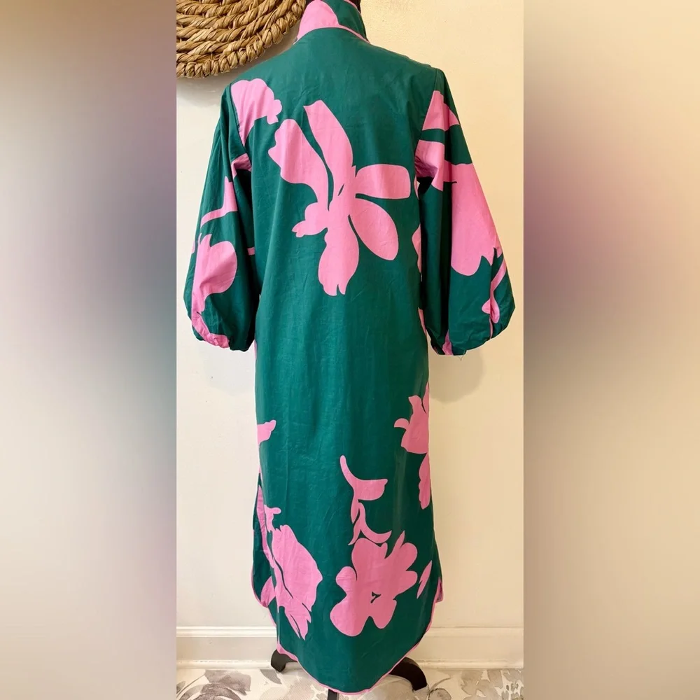Tuckernuck Hyacinth House Arem Caftan Hunter Green and Pink Floral Size XS - Picture 5 of 13